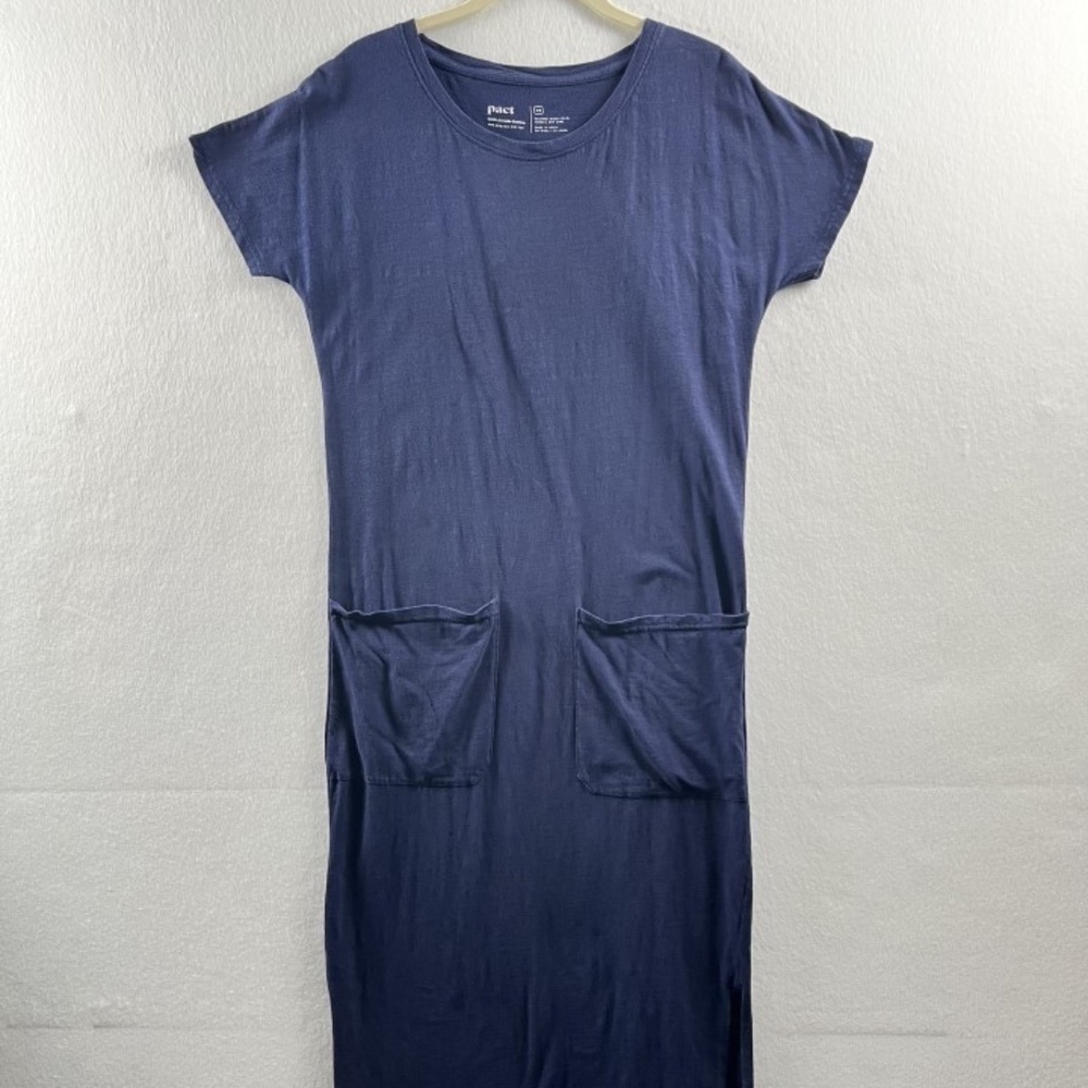 PACT Maxi Dress X-Small Blue Short Sleeve Organic Cotton Pockets Resortwear